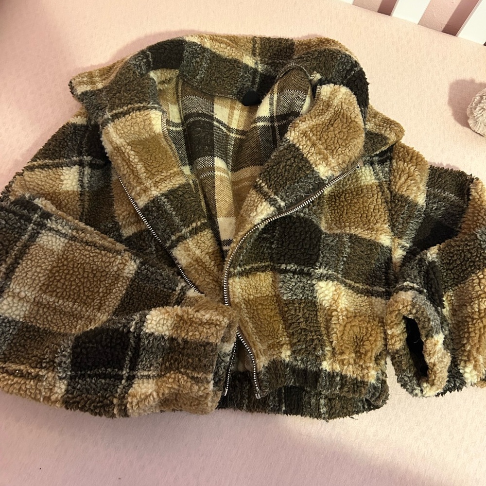 SHEIN Plaid Crop Jacket - Brown and Cream M